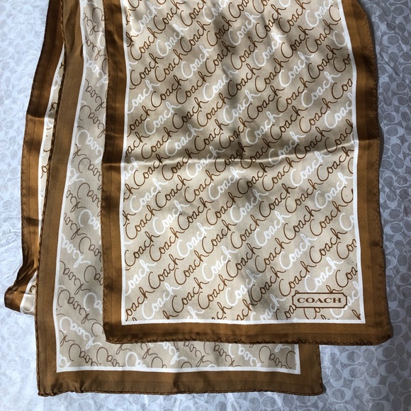 Coach Accessories - Coach long Script Brown/Tan/Cream Silk Scarf